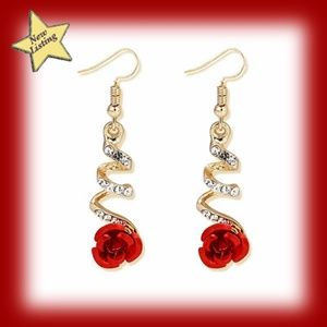 Red Rose Enamel Crystal Z shape twist 2 inch dangling Pierced Earrings